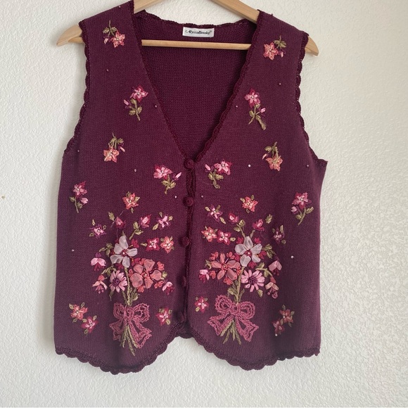 Vintage Tops - Vintage Alyssa Brooke knitted floral beaded button down embroidered vest